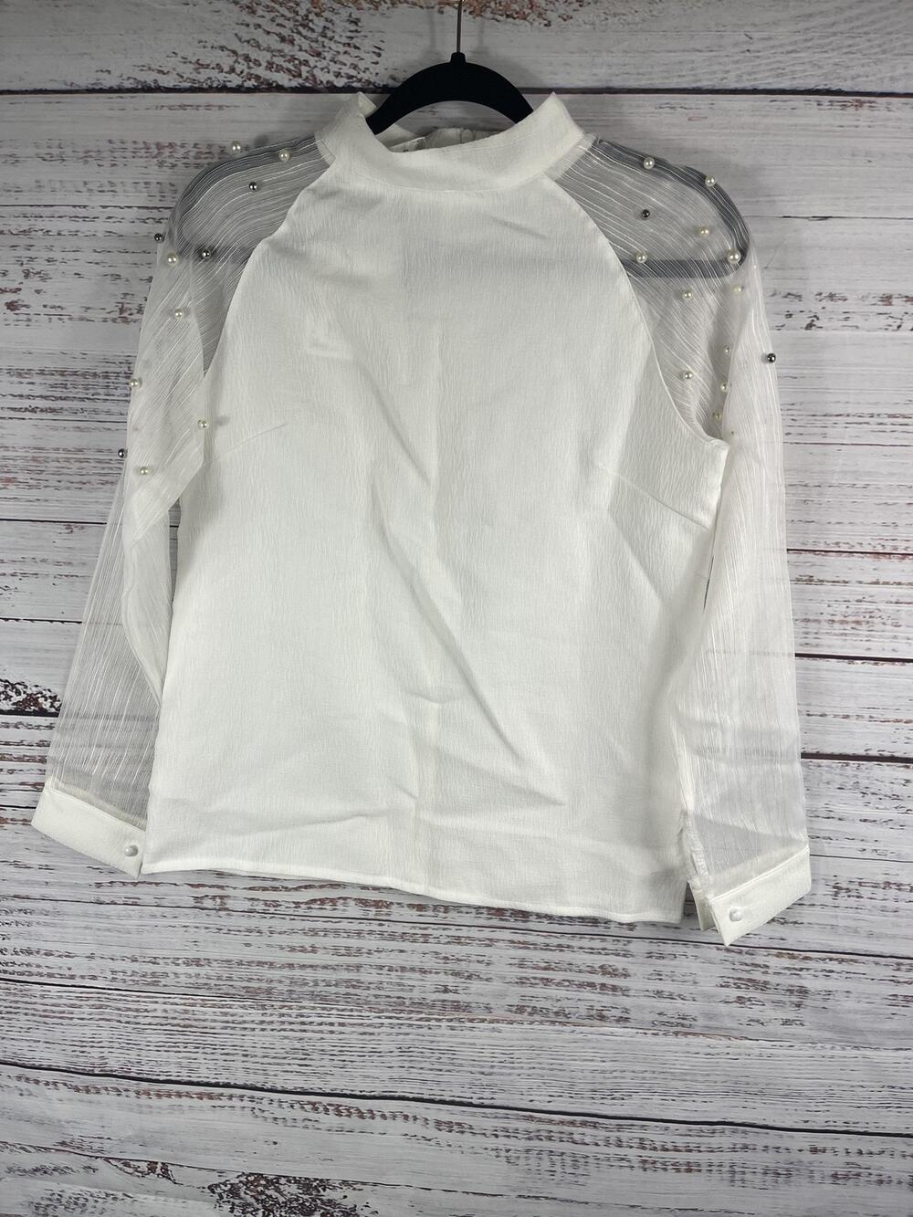 UHAO Top Women's Size L White Sheer Mesh Pearl Beaded Sleeve Blouse Elegant New